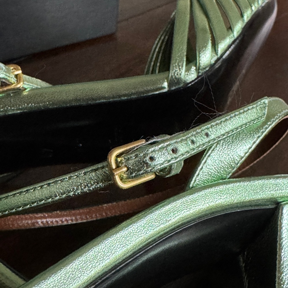 Saint Laurent Metallic Green Strappy “Tina Sandals” Heels - Picture 9 of 12